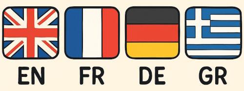 Flags for English, French, German and Greek to indicate the four-language dictionary