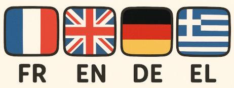 Flags for French, English, German and Greek to indicate the four-language dictionary