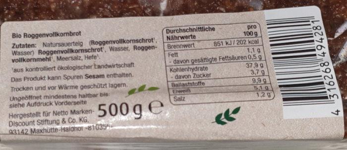 Roggen Vollkornbrot BioBio 2