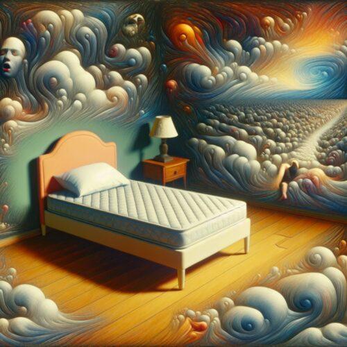 A twin-sized bed with a thick mattress on it