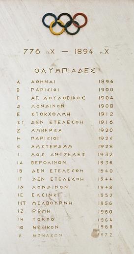 a marble sign listing all modern Olympiads up to 1072 (Munich)