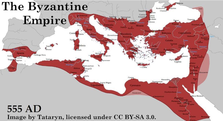 A map of the Byzantine Empire at its peak, 555 AD