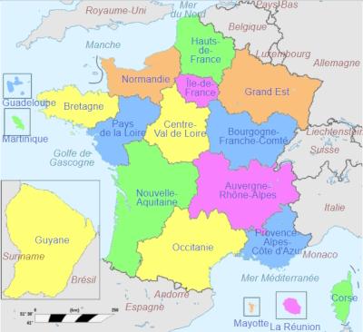 The 18 administrative régions de la France